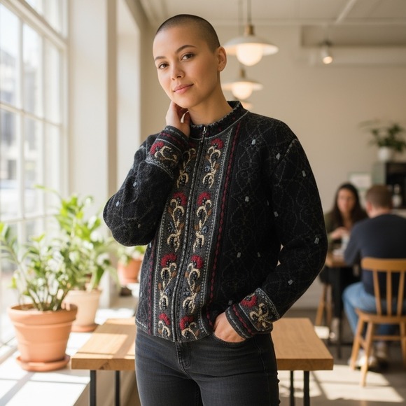 Mac Duff Sweaters - Mac Duff Shetland Wool Knit Cardigan Sweater Floral Embroidered Medium